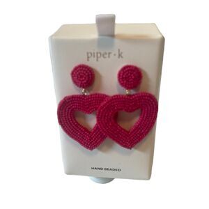 Piper.k Hot Pink Seed Bead Open Heart Drop Earrings.